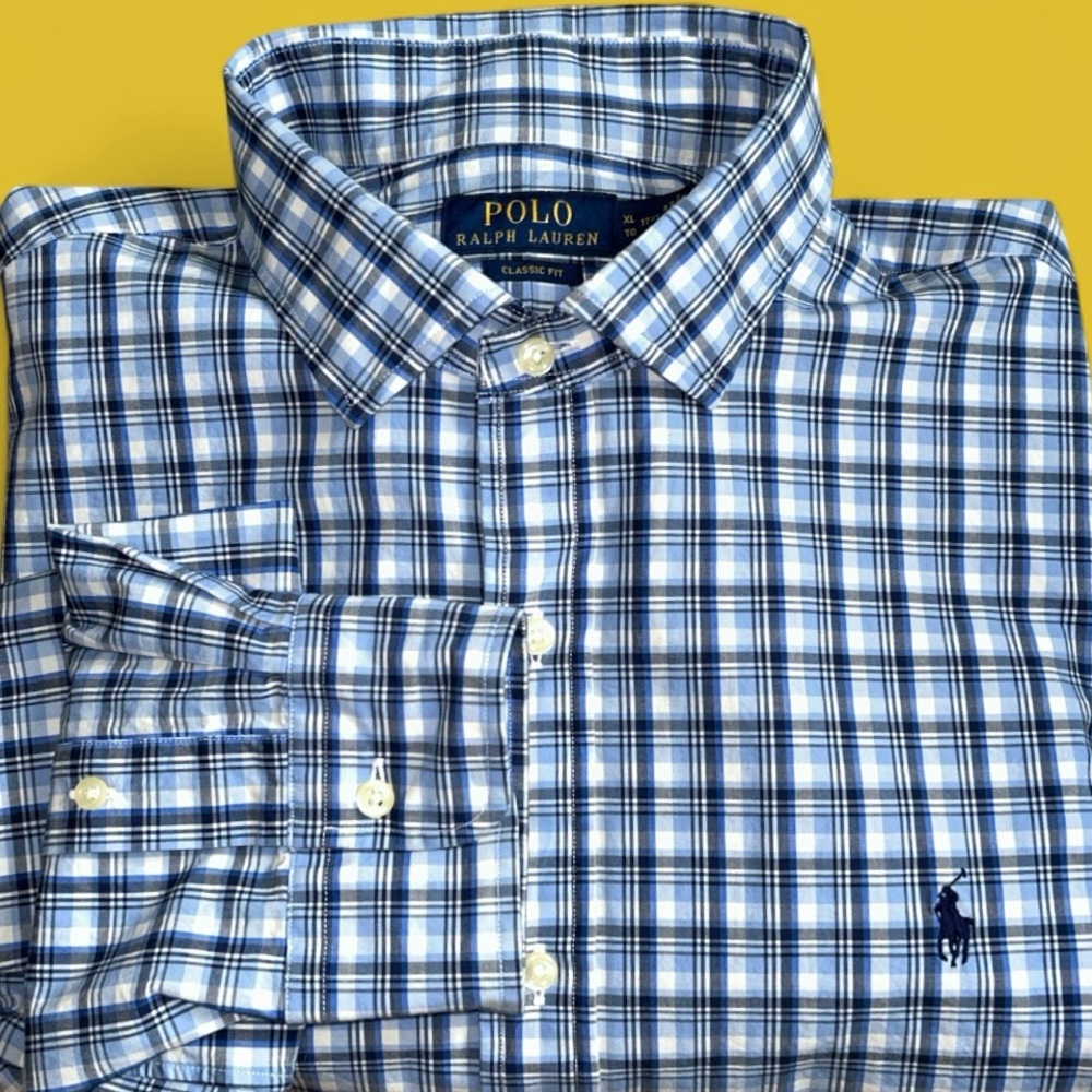 Ralph Lauren Mens Long Sleeve Navy Blue White Plaid Stretch Button Down Size XL